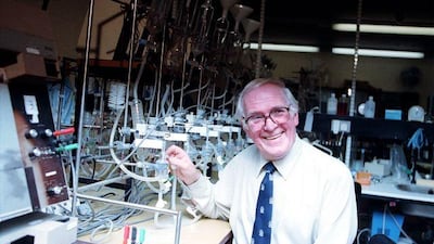Scottish-born pharmacologist Sir James Black in his laboratory at the Rayne Institute, London, just after it was announced that he ws the joint winner of the 1988 Nobel Prize for medicine.