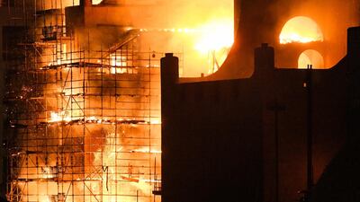 Fire fighters battle a blaze at the Mackintosh Building at the Glasgow School of Art for the second time in four years on in Glasgow, Scotland. In May 2014 it was devastated by a huge fire leading to a multi-million pound restoration due to complete in 2019. It was built in the late 1890's by Charles Rennie Mackintosh, then a junior draughtsman, and is widely considered to be his masterpiece. Jeff J Mitchell / Getty Images