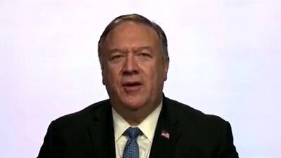 In this still image from a US State Department video, US Secretary of State Mike Pompeo delivers a virtual speech to the Manama Dialogue conference on regional security being held in Manama, Bahrain. AFP PHOTO / US State Department