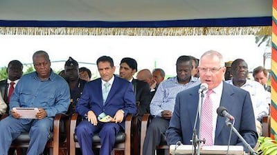 Carl Sheldon, the chief executive of Taqa, speaks during the ground breaking ceremony of an expansion project at a power plant in the Ghanaian oil town of Takoradi. From left, John Dramani Mahama, the president of Ghana, Khalid Al Ghaith, the UAE Assistant Foreign Minister for Economic Affairs and Emmanual Armah-Kofi Buah, the energy minister of Ghana. Photo courtesy Taqa