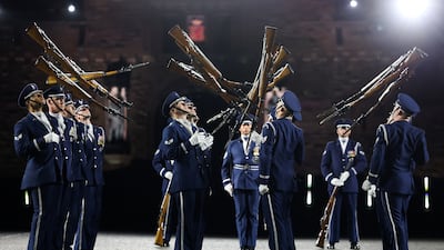 The United States Air Force Drill Team performs at the 75th Royal Edinburgh Military Tattoo in Scotland. Getty Images