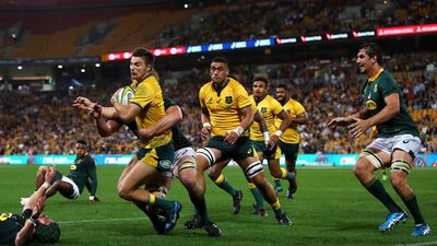 Jack Maddocks of the Wallabies is tackled short of the tryline during their Rugby Championship match in Brisbane. Getty Images