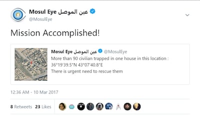 Tweet by Mosul eye about civilians needing rescue. Photo: Mosul Eye