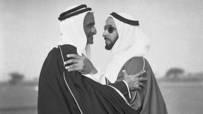 Talks to form the UAE reached a decisive moment in February 1968 when Sheikh Zayed and Sheikh Rashid met in the desert on the borders of Abu Dhabi and Dubai, with Noor Ali Rashid the only photographer present. Here, he captures a warm embrace between the two leaders