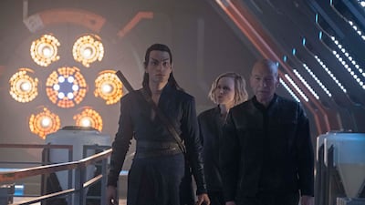 Evan Evagora, left, and Stewart in Star Trek: Picard. Photo: Paramount Television