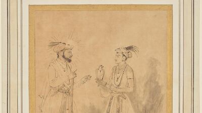 Rembrandt's sketch based on a Mughal watercolour of Shah Jahan accepting a falcon, about 1656–1661. A new exhibition at the Getty Museum in Los Angeles shows the influence on Rembrandt of Indian miniatures, which arrived in Amsterdam along new trade routes in the 1600s. Courtesy Getty Museum