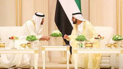 Sheikh Mohammed bin Rashid, Vice President and Ruler of Dubai, and Sheikh Mohamed bin Zayed, Crown Prince of Abu Dhabi and Deputy Supreme Commander of the UAE Armed Forces, speak at the wedding of Sheikh Hamdan bin Mohammed, Crown Prince of Dubai, Sheikh Maktoum bin Mohammed, Deputy Ruler of Dubai, and Sheikh Ahmed bin Mohammed, Chairman of the Mohammed bin Rashid Al Maktoum Knowledge Foundation, on Thursday at Dubai World Trade Centre. Courtesy Dubai Media Office