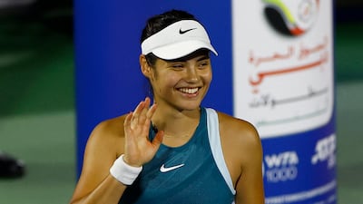Emma Raducanu celebrates after beating Maria Sakkari in straight sets at the Dubai Duty Free Tennis Championships. Reuters