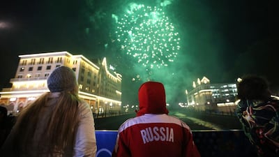Fireworks explode after an evening concert in Rosa Khutor during the 2014 Sochi Winter Olympics on Saturday. Mike Segar / Reuters