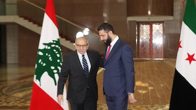Lebanese Prime Minister Nawaf Salam meets Syrian President Ahmed Al Sharaa in Syria. Handout: Presidency of the Council of Ministers of Lebanon