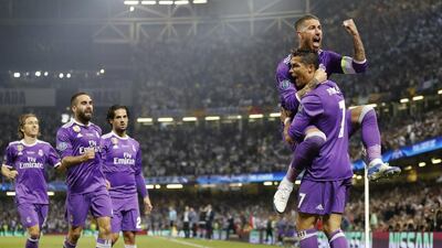 Real Madrid’s Cristiano Ronaldo celebrates with Real Madrid’s Sergio Ramos after scoring the opening goal in Madrid’s 4-1 Champions League final victory against Juventus Frank Augstein / AP Photo