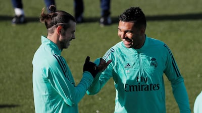Real Madrid's Gareth Bale and Casemiro during training. Reuters