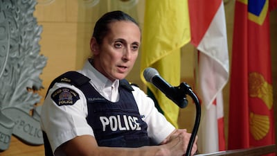 Assistant Commissioner Rhonda Blackmore addresses a press conference in Regina, Saskatchewan. AP