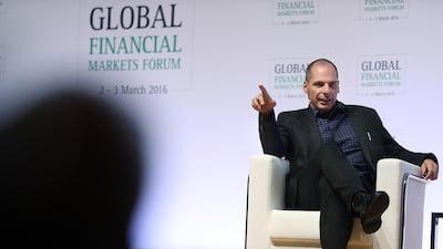 Yanis Varoufakis, the former minister of finance in Greece, spoke on 'Greece, Austerity, Brexit and Europe’s Other Darlings' on day two of the Global Financial Markets Forum hosted by NBAD at Emirates Palace in Abu Dhabi. Delores Johnson / The National