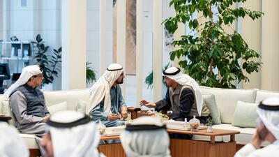 President Sheikh Mohamed meets Sheikh Mohammed bin Rashid, Vice President, Prime Minister and Ruler of Dubai, and Sheikh Mansour bin Zayed, Vice President, Deputy Prime Minister and Chairman of the Presidential Court, at Al Shati Palace in Abu Dhabi. All photos: UAE Presidential Court