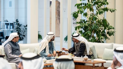 President Sheikh Mohamed meets Sheikh Mohamed bin Rashid, Vice President and Ruler of Dubai, and Sheikh Mansour bin Zayed, Vice President, Deputy Prime Minister and Chairman of the Presidential Court, at Qasr Al Shati. Photo: Presidential Court