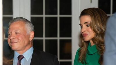 Queen Rania, in an emerald Christopher Kane blouse and white Gabriela Hearst skirt, and King Abdullah II at the White House, Washington, DC on Wednesday, July 21.