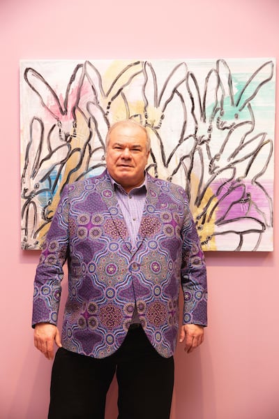 Slonem paints daily and starts each day by producing five rabbits, which he says are as individual as a snowflake, or a ‘blizzard of bunny-flakes’. Courtesy Hunt Slonem