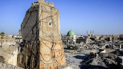 The base of the destroyed Al Hadba leaning minaret in the Old City of Mosul. AFP