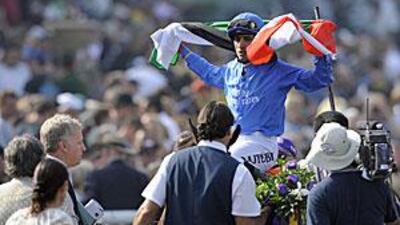 Ahmed Ajtebi celebrates riding Vale of York to victory in the Group One Breeders' Cup Juvenile horse race at Santa Anita earlier this month.
