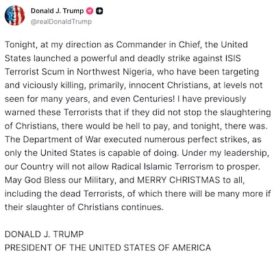 US President Donald Trump posted this message on Truth Social on December 25, 2025.