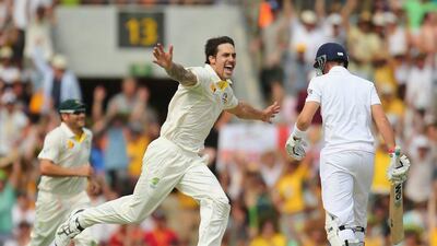 Mitchell Johnson celebrates sending Joe Root back to the Pavilion during Australia's dominating performance in the field to grab control of the first Ashes Test in Brisbane. Scott Barbour / Getty Images