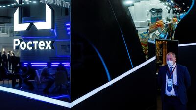 Russian state defence conglomerate Rostec's stand at the St Petersburg International Economic Forum in Russia on June 15. Reuters