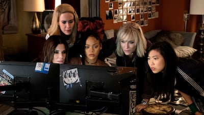 This image released by Warner Bros. shows, from foreground left, Sandra Bullock Sarah Paulson, Rihanna, Cate Blanchett and Awkwafina in a scene from Ocean's 8. Barry Wetcher /Warner Bros. via AP