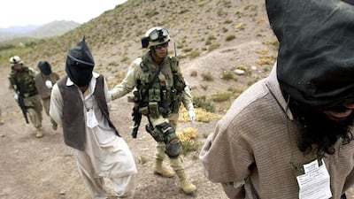 US soldiers lead Afghan prisoners suspected of being Taliban during Operation Dragon Fury in the Shahi Knot mountains in eastern Afghanistan, in June 2003. AFP