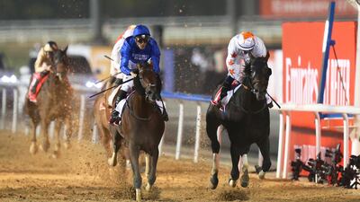 Christophe Soumillon and Thunder Snow and Gronkowski, ridden by Oisin Murphy, tussle for the Dubai World Cup. EPA