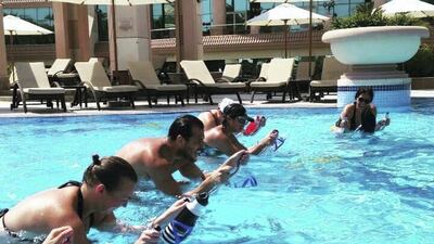 Similar to spin bikes in gyms, “aqua bikes” are made for underwater exercise.Aqua Cycle classes are avaiable in Abu Dhabi at Al Raha Beach Hotel and the Hilton’s beach club, the Hiltonia, on the Corniche. Courtesy SeaTime