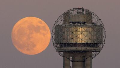 The moon rises behind Reunion Tower in Dallas, on Sunday November 13, 2016. Tom Fox / The Dallas Morning News via AP