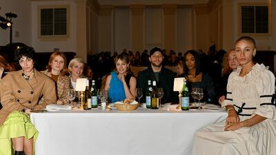 Yasmin Sewell, Christabel Macgreevy, Edie Campbell, Derek Blasberg, Jourdan Dunn, Camilla Lowther and Adwoa Aboah attend the Molly Goddard front row during London Fashion Week. Getty Images