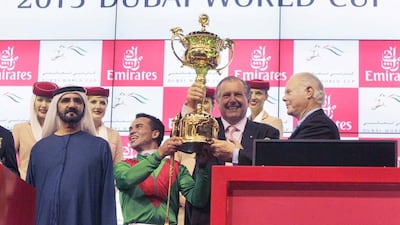 March: Ruler of Dubai Sheikh Mohammed bin Rashid al-Maktoum looks on as Joel Rosario celebrates with the trophy after winning the ninth and final race of the Dubai World Cup at the Meydan Racecourse. Reuters/Caren Firouz