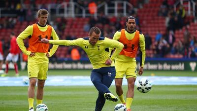 Harry Kane of Tottenham Hotspur shoots in the warm up prior to their Premier League loss to Stoke City on Saturday. Matthew Lewis / Getty Images / May 9, 2015