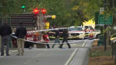 In this still image taken from video, police and ambulances respond after a motorist drove onto a busy bicycle path near the World Trade Center memorial and struck and killed several people Tuesday, Oct. 31, 2017 in New York. (AP Photo)