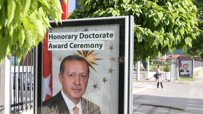 Turkey's President Recep Tayyip Erdogan posters are seen in front of the International University of Sarajevo, Bosnia and Herzegovina, May 16, 2018. Dado Ruvic / Reuters