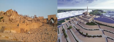 Left, the current state of Al Nabi Yunus mosque; right, Abdullah Bashar's virtual-reality rendering of the building and its site before its destruction. Photo: Qaf Labs