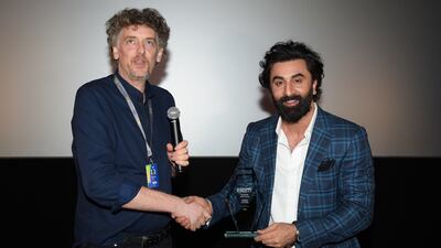 JEDDAH, SAUDI ARABIA - DECEMBER 07: Martin Dale and Ranbir Kapoor onstage during the "In Conversation With Ranbir Kapoor" at the Red Sea International Film Festival on December 07, 2022 in Jeddah, Saudi Arabia. (Photo by Eamonn M. McCormack / Getty Images for The Red Sea International Film Festival)