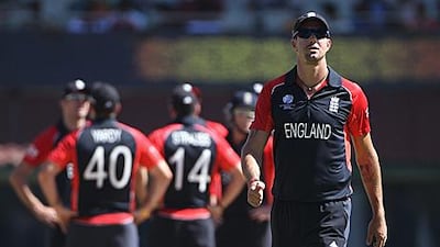 Kevin Pietersen of England walks away from the rest of the team during England's Group B match against South Africa. The batsman will now leave the World Cup squad to recover ahead of the IPL.
