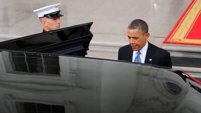 Barack Obama leaves the White House for the ceremonial swearing in of the president and vice president to a second term in office.