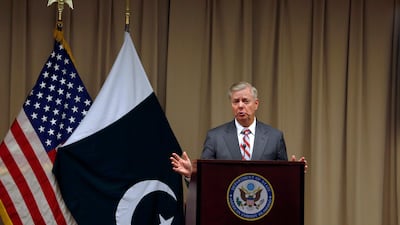 U.S. Republican Senator Lindsey Graham gives a press conference at the U.S. Embassy after meeting with Pakistani Prime Minister Imran Khan, in Islamabad, Pakistan, Sunday, Jan. 20, 2019. U.S. peace envoy Zalmay Khalilzad concluded his four-day visit to Pakistan, Sunday. (AP Photo/Anjum Naveed)