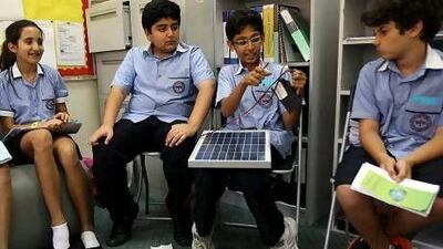 From left: Yasmin Dajani, 11, Saif Abdulrab, 12, Varun Kitson, 11, and Jake Milad, 11, are learning to convert knowledge - in this case, about alternative energy - into practical applications.