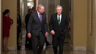 Senate Minority Leader Chuck Schumer and Senate Majority Leader Mitch McConnell walk to the Senate floor. Senate leaders have reached a two year budget deal, adding billions of dollars in federal spending but paving the way forward to address other pending issues. Shawn Thew / EPA