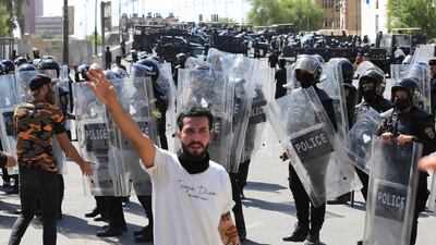 Demonstrators face off with security forces during protests in Tahrir Square as anti-government protesters try to enter the Green Zone of Baghdad, Iraq, 28 September 2022. Hundreds of Iraqis clashed with security forces as the Iraqi parliament was due to convene for the first time since deadly unrest in August and a sit-in protest by supporters of Shiite cleric and Sadrist movement leader Muqtada al-Sadr. EPA / AHMED JALIL