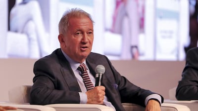 Terje Rød-Larsen speaks to the audience at the Diplocon event at Emirates Diplomatic Academy. Pawan Singh / The National