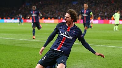 Adrien Rabiot of Paris Saint-Germain celebrates scoring his team’s second goal during the Uefa Champions League quarter-final first leg match between Paris Saint-Germain and Manchester City at Parc des Princes on April 6, 2016 in Paris, France. (Photo by Clive Rose/Getty Images)