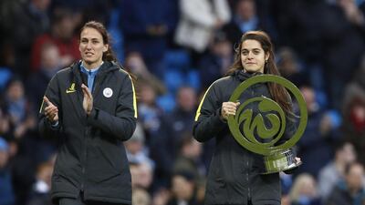 Manchester City's Jill Scott and Tessel Middag, right, at half time during the men's Premier League match between Manchester City and Middlesbrough at Etihad Stadium on November 5, 2016. Carl Recine / Reuters