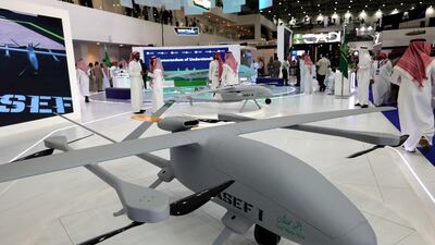 Military drones are displayed at Saudi Arabia's first World Defence Show, north of the capital Riyadh. AFP
