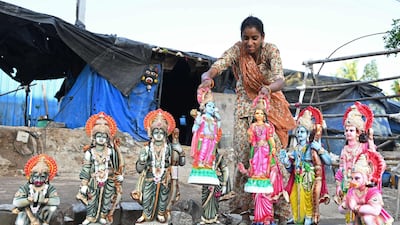 Statues of Hindu deities displayed outside a workshop in Hyderabad on the eve of the Ram Navami festival. AFP